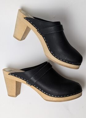Maguba Stockholm Matte Black Leather Wood Swedish High Heel Clogs Womens 39 US 9